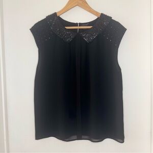 Ann Taylor Black Sequin Collar Cap Sleeve Blouse